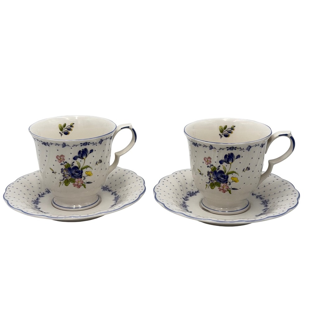 Vtg Nikko Blue Peony Floral Polka Dot Tea Cup and Saucer Swirl Set of 2 READ